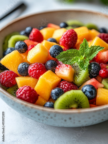 A colorful and vibrant fruit salad in a bowl with a mint garnish.