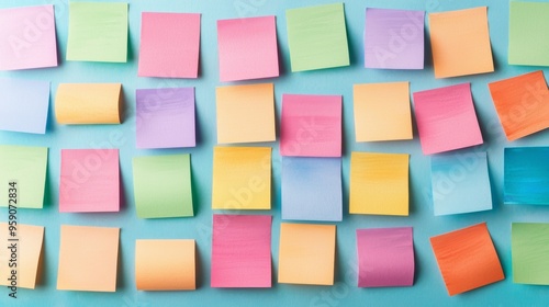 Colorful sticky notes arranged on a blue background, providing a blank canvas for ideas and reminders.