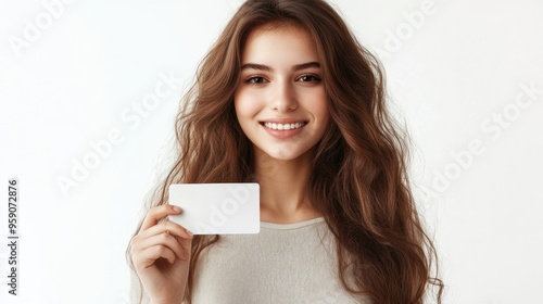 Smiling Woman Holding a Blank Card