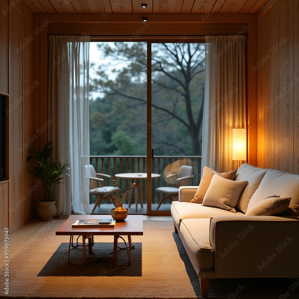 Japandi Living Room with Floor-to-Ceiling Windows Japandi Living Room with Floor-to-Ceiling Windows