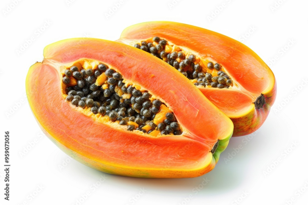 Fresh papaya cut in half sitting on a clean white surface, ideal for food photography and related uses Fresh papaya cut in half sitting on a clean white surface, ideal for food photography and related uses
