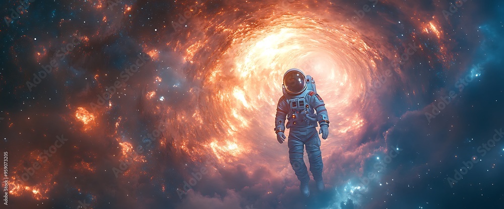 Astronaut floats in front of a swirling cosmic nebula. Astronaut floats in front of a swirling cosmic nebula.