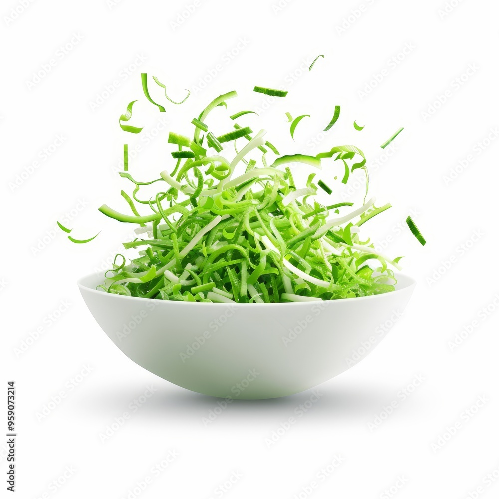 Shredded green papaya, food element, hand-drawn illustration, bright green, isolated on white background