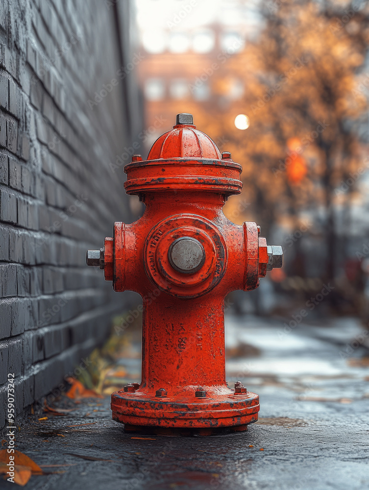 Red fire hydrant on a rainy street with fall leaves around. Red fire hydrant on a rainy street with fall leaves around.