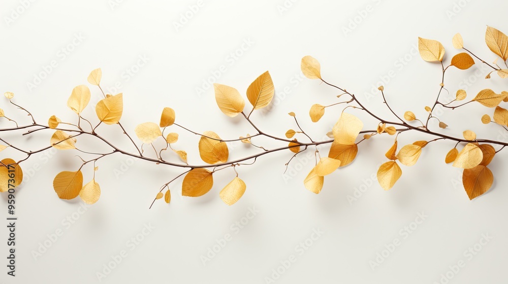 Minimalist arrangement of golden autumn foliage on a white background evoking a sense of simplicity and elegance. Minimalist arrangement of golden autumn foliage on a white background evoking a sense of simplicity and elegance.