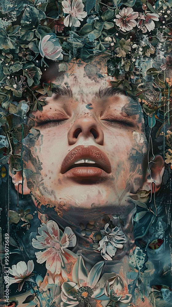 A woman's face surrounded by flowers, with eyes closed and mouth slightly open. A woman's face surrounded by flowers, with eyes closed and mouth slightly open.
