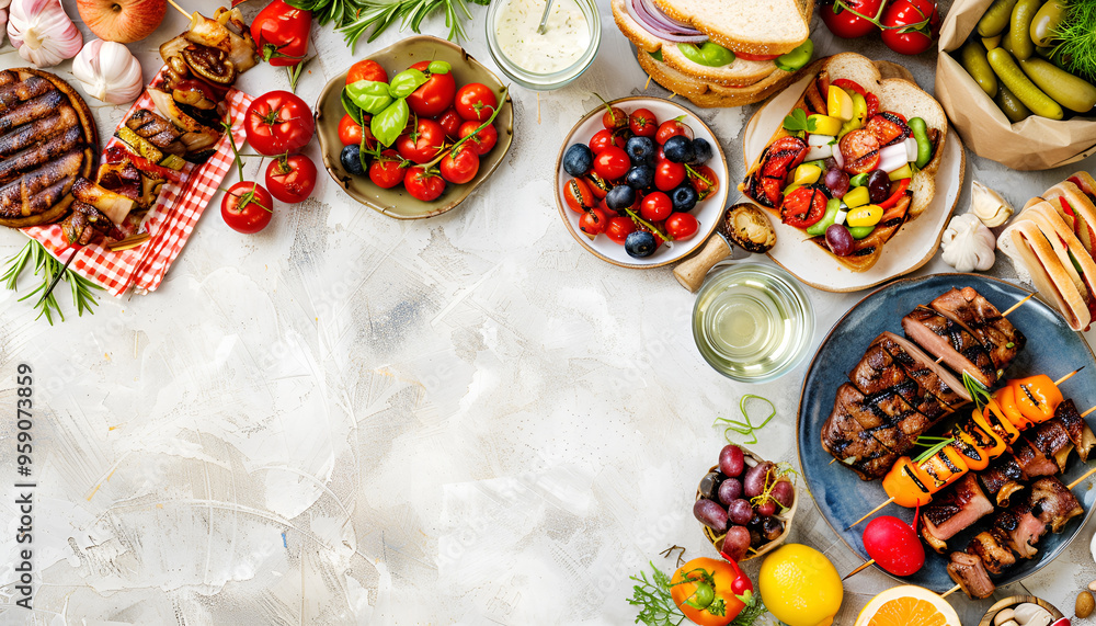 Fototapeta premium Various picnic barbeque food and drink flatlay. Summer bbq picnic food, assorted grilled meats, kebabs, vegetable, fruit salad, traditional picnic summer pie cake, sandwiches, top view copy space