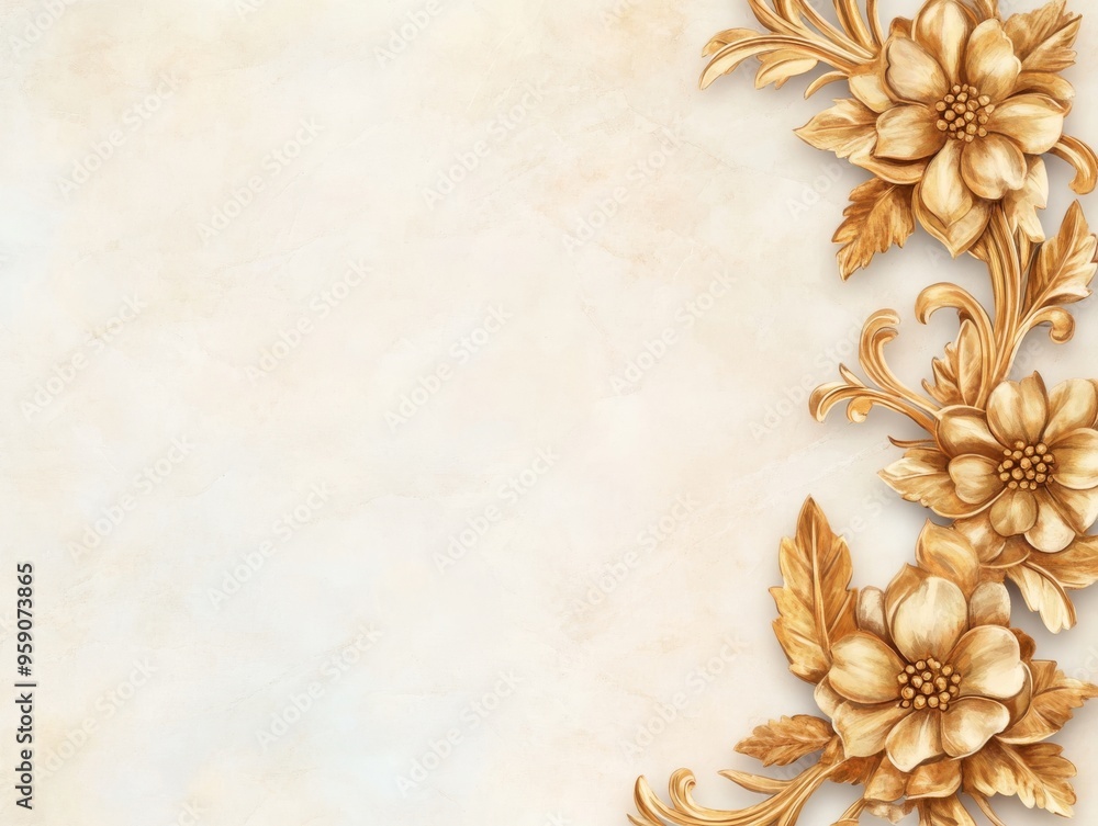 Elegant gold floral design on a white marble background, perfect for invitations, cards, and other designs. Elegant gold floral design on a white marble background, perfect for invitations, cards, and other designs.
