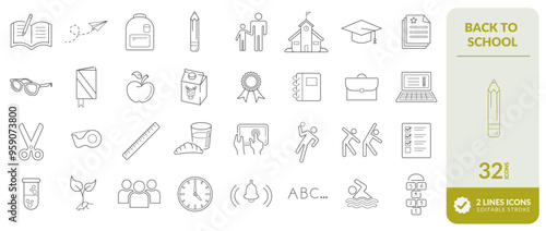 Set of back-to-school icons representing school materials, recess, education, college activities and others. See more on our profile.