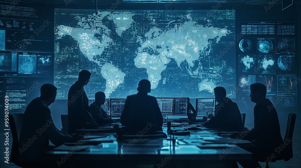 Global surveillance operations room for strategic planning in intelligence, security, and defense analysis with team studying digital world map Global surveillance operations room for strategic planning in intelligence, security, and defense analysis with team studying digital world map
