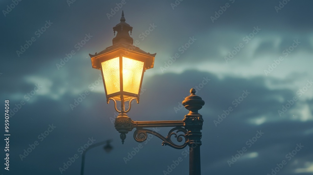 A street light shining brightly on a dark and cloudy night A street light shining brightly on a dark and cloudy night