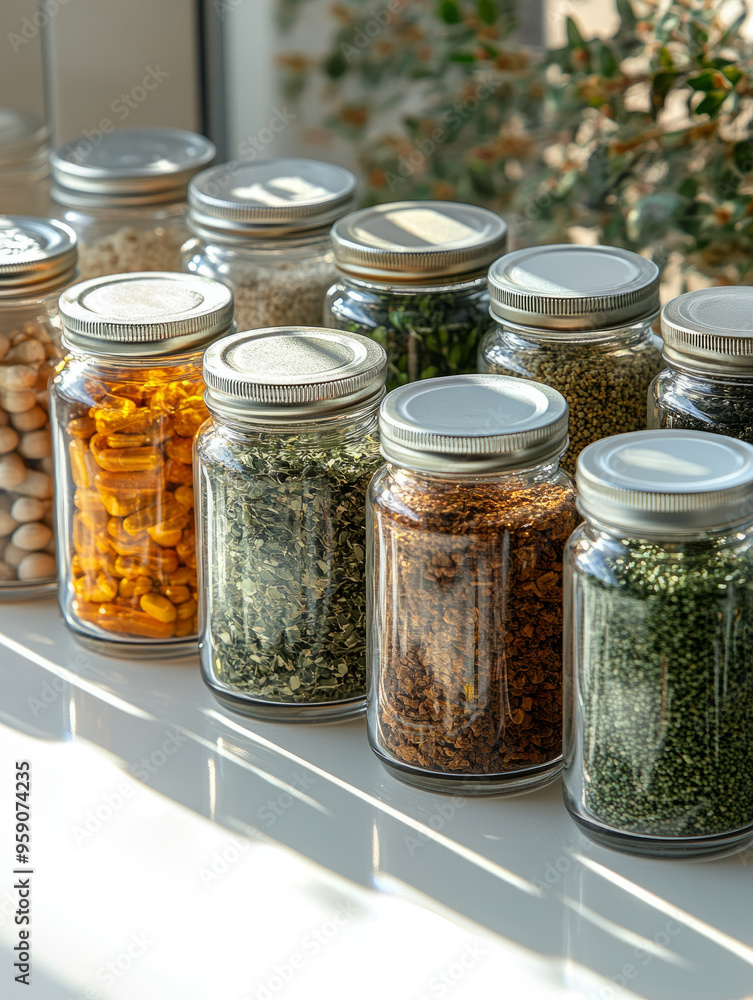 Various glass jars with herbs and vitamins Various glass jars with herbs and vitamins