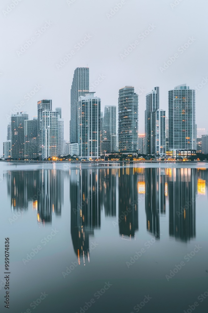 Panoramic view of a city skyline from the perspective of a person standing on the shore or dock Panoramic view of a city skyline from the perspective of a person standing on the shore or dock