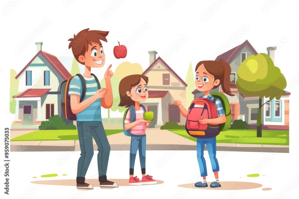 Two children standing outside a house, possibly waiting for parents or arriving home Two children standing outside a house, possibly waiting for parents or arriving home