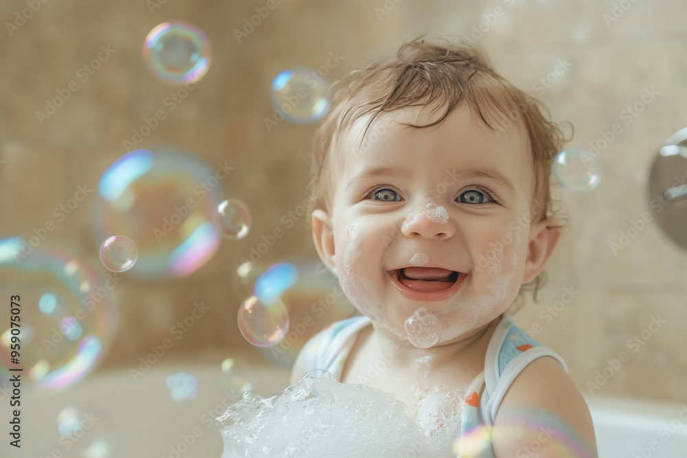 Smiling baby in a bathtub with bubbles. A cute and joyful scene perfect for parenting, lifestyle, and childhood concepts. Ideal for marketing, advertisements, and editorial content Smiling baby in a bathtub with bubbles. A cute and joyful scene perfect for parenting, lifestyle, and childhood concepts. Ideal for marketing, advertisements, and editorial content
