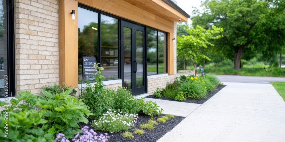 A modern shop featuring big windows, exhibits, and a well-groomed entryway. A modern shop featuring big windows, exhibits, and a well-groomed entryway.