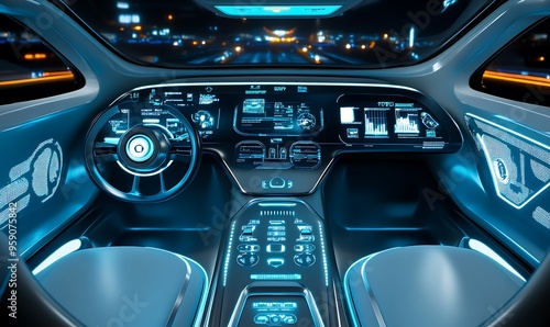 Futuristic Car Interior with Blue Illuminated Dashboard and Seats photo