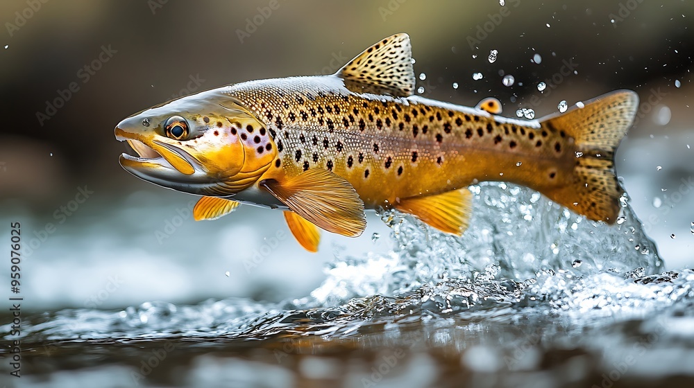 A brown trout leaps from the water, its scales glinting in the sunlight. A brown trout leaps from the water, its scales glinting in the sunlight.