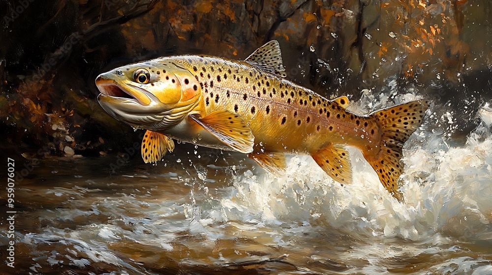 A brown trout leaping out of the water, splashing water and creating a spray. A brown trout leaping out of the water, splashing water and creating a spray.