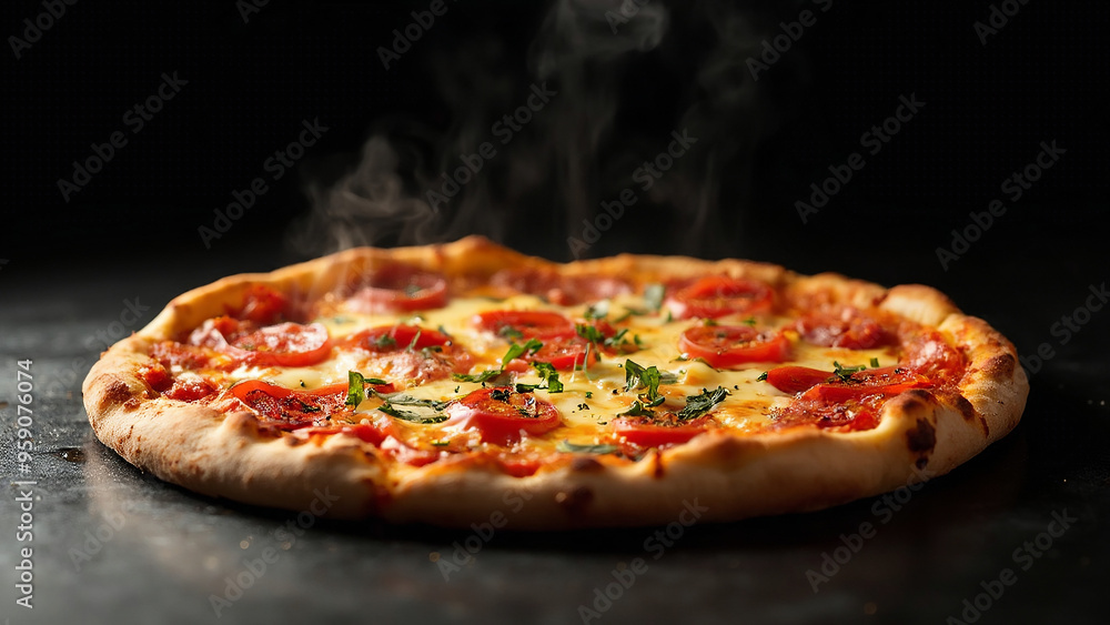 Beautiful adverisement close up photo of a freshly baked tasty delicious juicy pizza with tomatoes, bazil and melted cheese on black baskground. Studio food photography. Beautiful adverisement close up photo of a freshly baked tasty delicious juicy pizza with tomatoes, bazil and melted cheese on black baskground. Studio food photography.