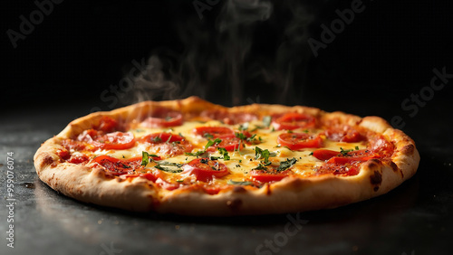 Beautiful adverisement close up photo of a freshly baked tasty delicious juicy pizza with tomatoes, bazil and melted cheese on black baskground. Studio food photography. photo