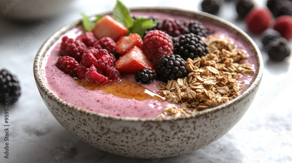 Smoothie bowl topped with berries and granola on a marble counter. Smoothie bowl topped with berries and granola on a marble counter.