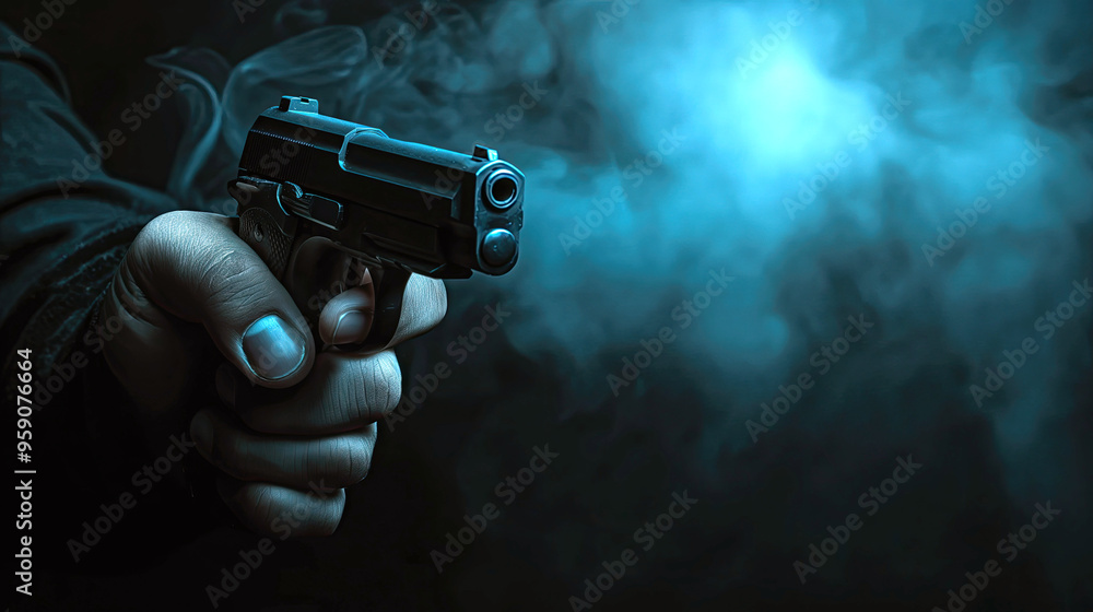A hand holding a pistol with smoke rising from it against a dark blue background, evoking a sense of danger and suspense... A hand holding a pistol with smoke rising from it against a dark blue background, evoking a sense of danger and suspense...