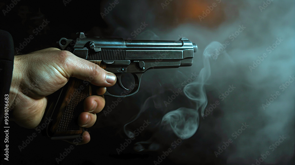 Close-up of a hand holding a gun with visible smoke from the barrel, set against a dark background. Close-up of a hand holding a gun with visible smoke from the barrel, set against a dark background.