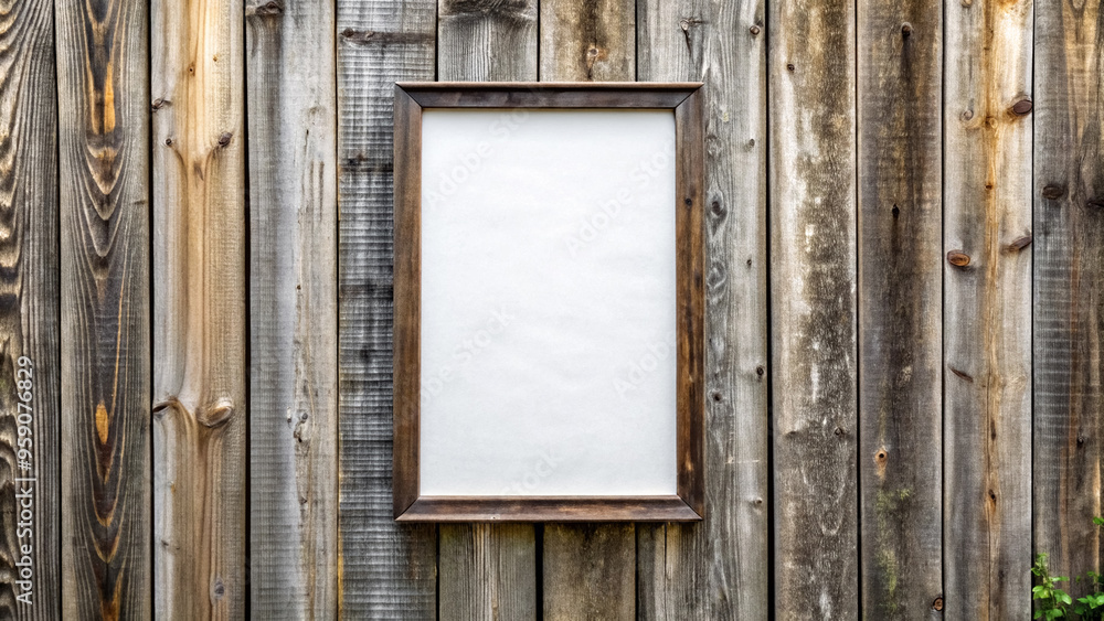 Blank poster mockup in a frame hanging on an old wooden fence Blank poster mockup in a frame hanging on an old wooden fence
