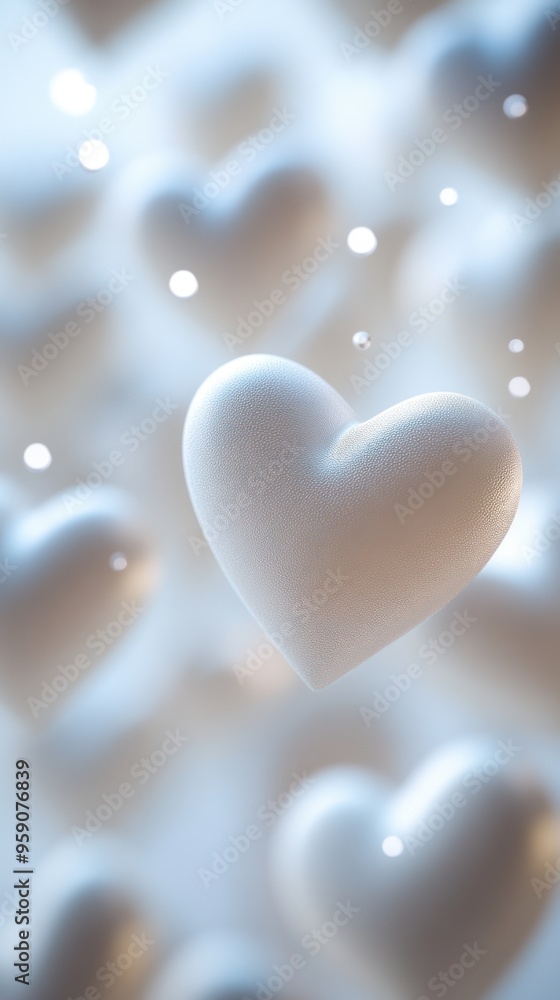 Fototapeta premium White Heart with Water Droplets in Soft Focus - A delicate white heart adorned with water droplets, surrounded by a soft blur of similar hearts in the background.