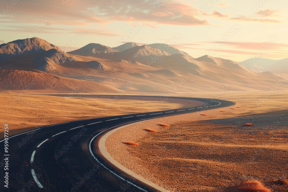 Fototapeta premium A winding road stretches across the sandy dunes of the desert, with no signs of civilization in sight