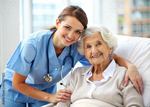 Nurse assisting elderly patient with a standard scale in a healthcare facility. Generative AI photo