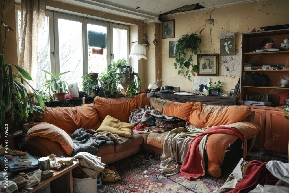 A messy living room with a couch and a table A messy living room with a couch and a table