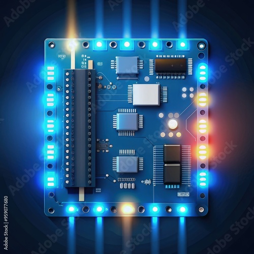 Arduino LED connections on a circuit board illuminated at night. Generative AI photo