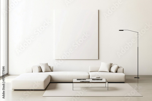 A modern minimalist living room with a neutral color palette, large white, blank photo frame, and abundant natural light. Mockup for photos and art