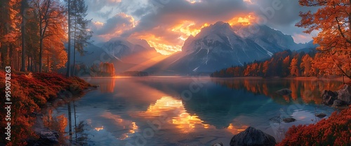 Autumn foliage on the shore of a mountain lake with snow-capped peaks and a golden sunrise reflection.