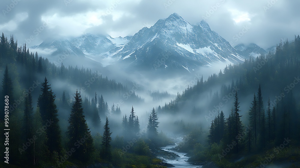 Misty morning in a mountain valley with a river flowing through a forest. Misty morning in a mountain valley with a river flowing through a forest.
