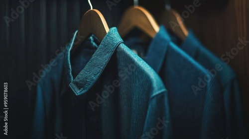 Close-up of Two Blue Shirts Hanging on Wooden Hangers