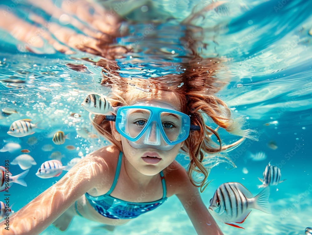 Fototapeta premium Caucasian little girl is snorkeling. Artificial intelligence. 