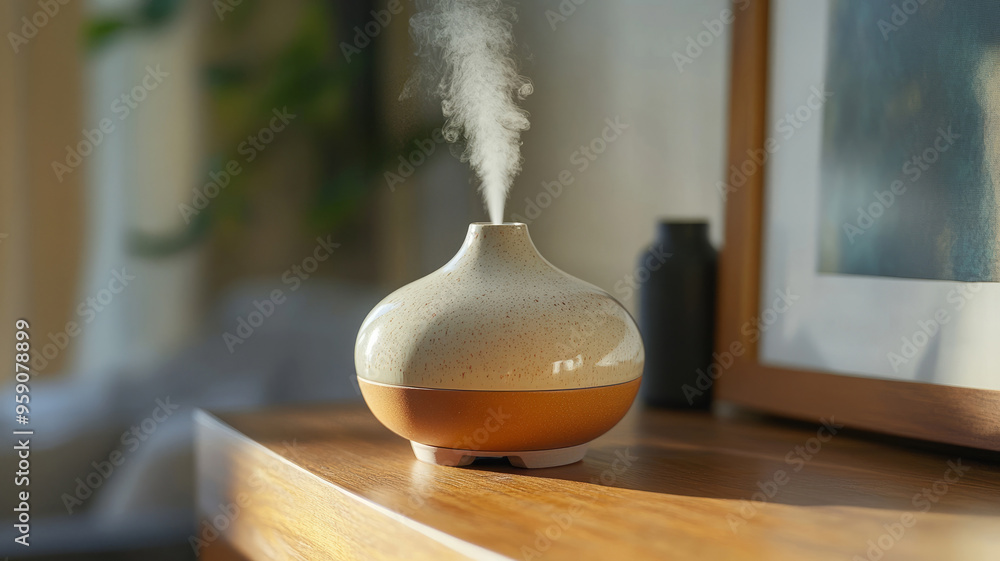 A modern diffuser emitting steam on a wooden surface. A modern diffuser emitting steam on a wooden surface.