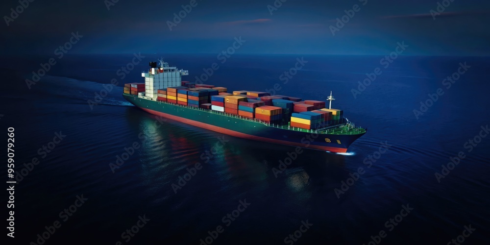Brightly colored cargo ship navigating at night with ocean reflections ...