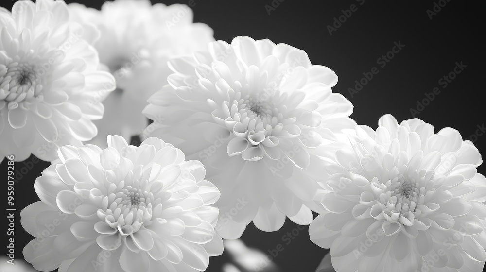 An abstract black and white background featuring white marigold flowers with a smooth gradient for copy space An abstract black and white background featuring white marigold flowers with a smooth gradient for copy space