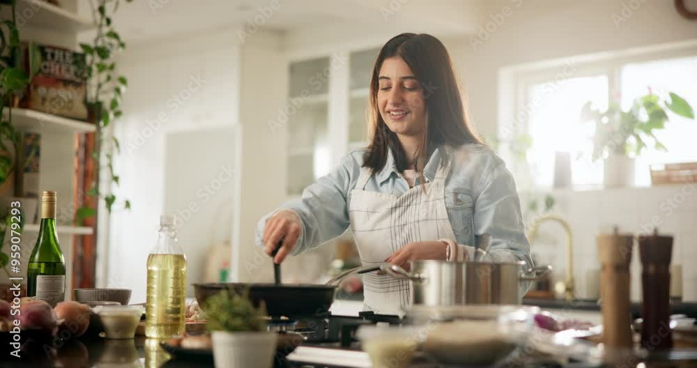 Woman, aroma and kitchen as chef for smell, hospitality or nutrition in home as happy with result. Female person, culinary art for gourmet cuisine, creativity or cooking for meal prep, dinner or food