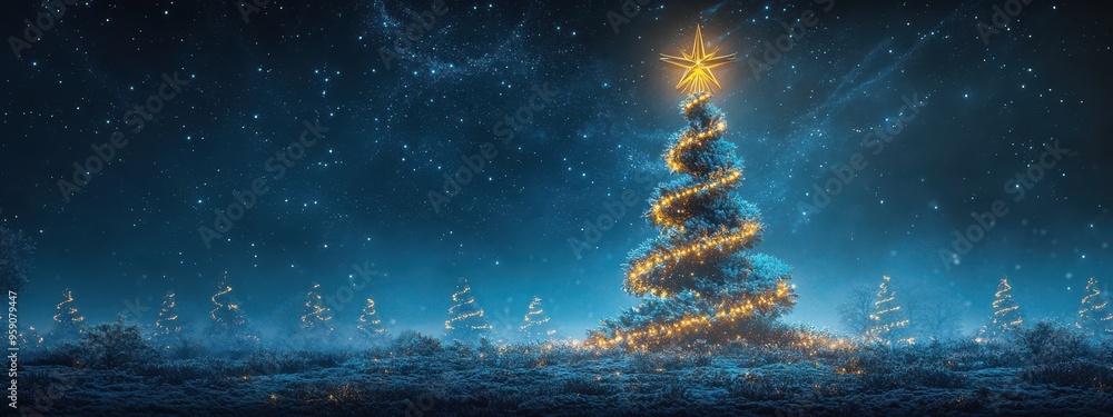 Obraz premium Futuristic Spiral Christmas Tree with Starry Night Sky