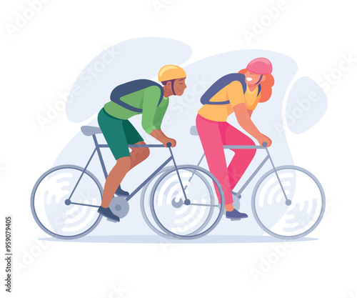 Good Company with Man and Woman Friend Ride Bicycle Vector Illustration