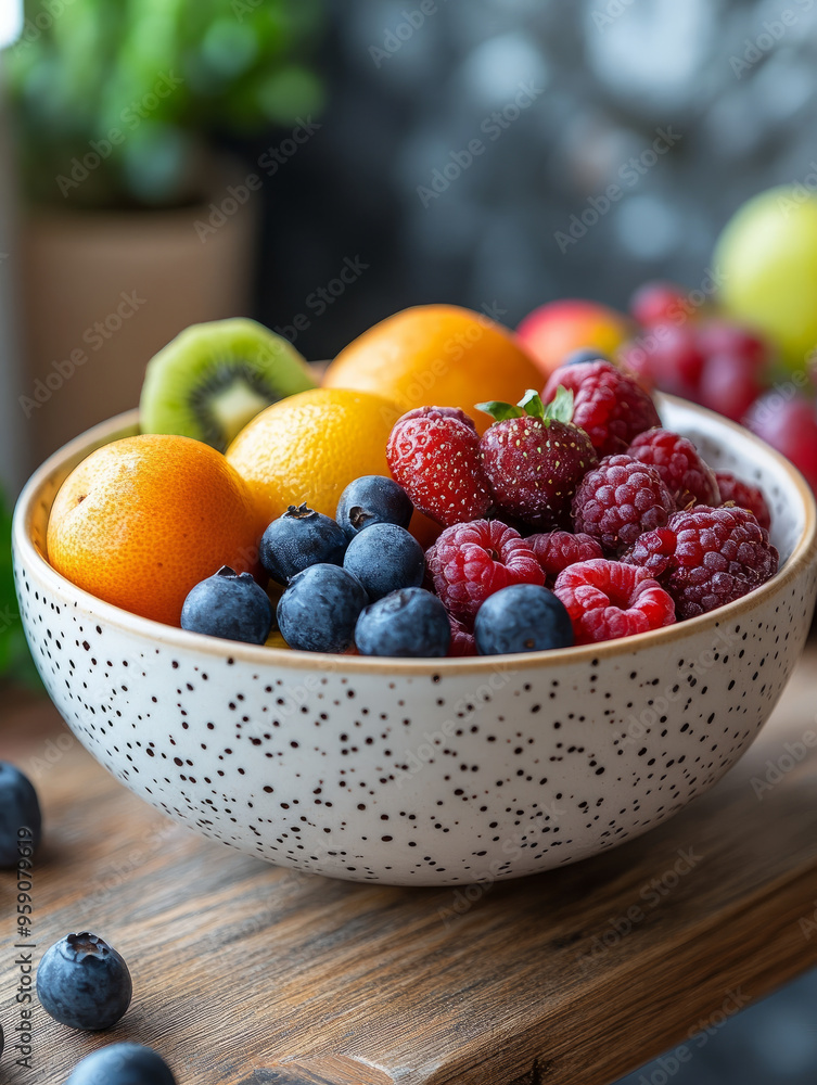 A bowl filled with an assortment of fresh fruits on a wooden table. A bowl filled with an assortment of fresh fruits on a wooden table.
