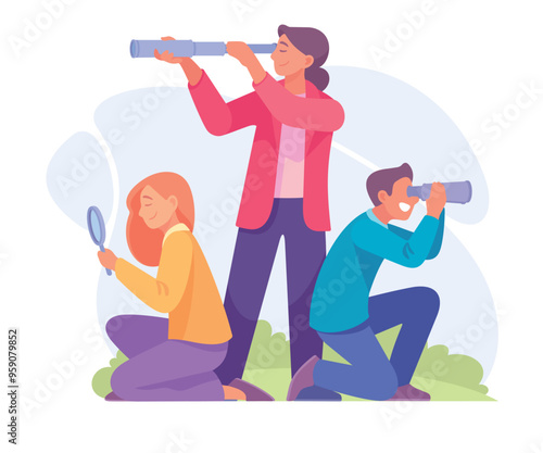 Good Company with Man and Woman Look in Telescope and Magnifier Vector Illustration