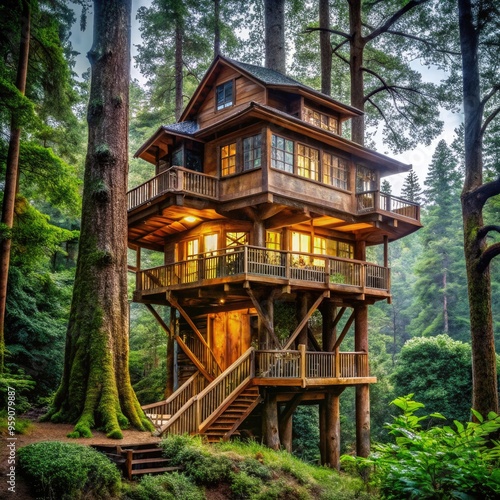 Enchanting tree house among towering trees in a lush forest setting at dusk. Generative AI