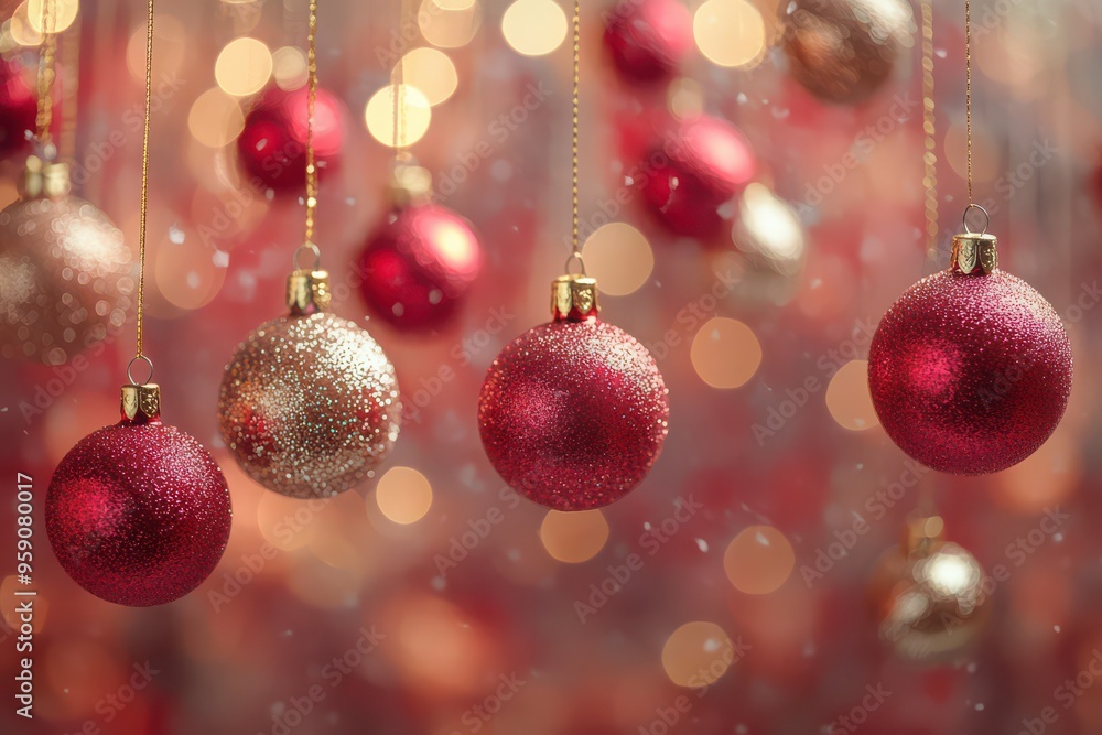 Fototapeta premium Elegant Red and Gold Christmas Baubles with Soft Glow