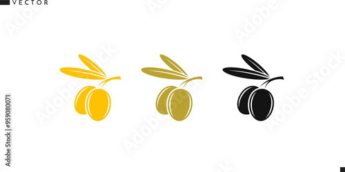Olive icon. Black green and yellow branch with olives 